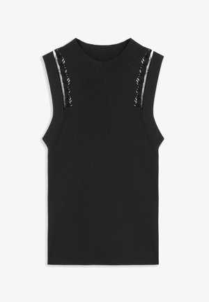 Černý bezrukávový žebrovaný top s ozdobnou krajkou zdobenou korálky podél švů na ramenech a kulatým výstřihem.