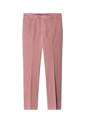 Helle rosa, maßgeschneiderte Baumwollhosen mit zwei vorderen Falten, Gürtelschlaufen und einem Knopfverschluss. Glatte Textur und gerades Beindesign.
