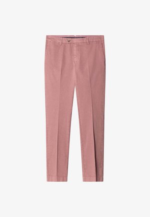 Lichtroze, op maat gemaakte katoen pantalons met twee voorplooien, riemlussen en een knoopsluiting. Glad textuur en rechte pijp ontwerp.