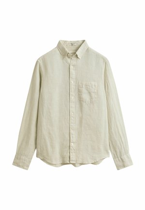 Beige long-sleeve button-up shirt with a button-down collar and a single chest pocket, displayed on a white background.