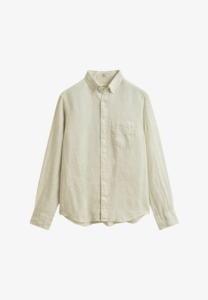 Beige long-sleeve button-up shirt with a button-down collar and a single chest pocket, displayed on a white background.
