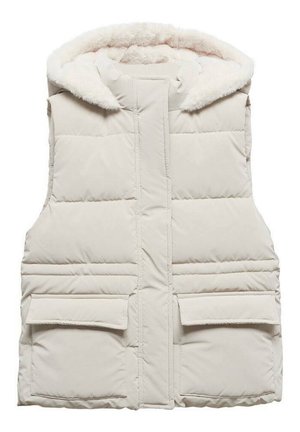 Beige polstret vest uden ærmer med forlommer med klap og hætte foret med blød hvid imiteret pels.