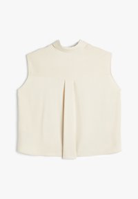 Blusa crema senza maniche con collo alto, caratterizzata da una piega centrale sul retro, una texture morbida e linee pulite e semplici.