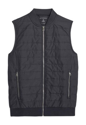 Chaleco acolchado sin mangas en gris oscuro con cierre de cremallera al frente, cuello acanalado y dos bolsillos laterales con cremallera. Presenta costuras horizontales para darle textura.