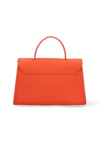 Oranje leren handtas met een gestructureerde vorm, voorzien van een bovenhandvat en een vlakke sluiting. Textuurafwerking en minimalistisch ontwerp.