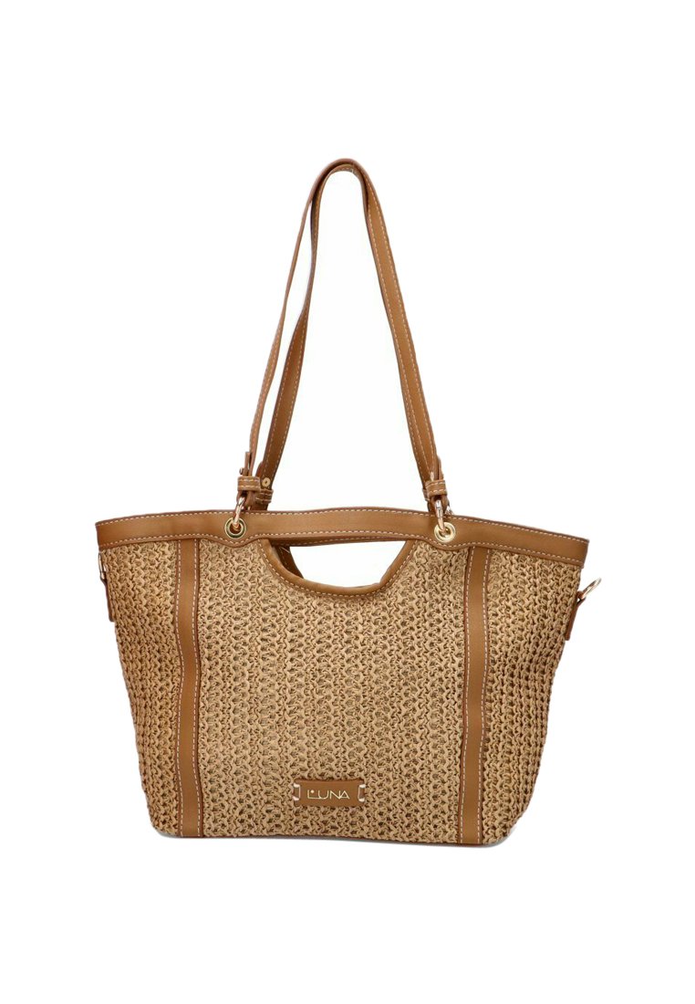 Bolso tote tejido en tono marrón con detalles de cuero, que presenta una forma estructurada, doble asa y una sutil placa con el logotipo en la parte frontal.
