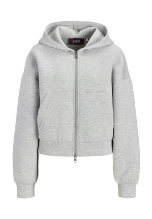 Sweat à capuche zippé gris clair avec capuche, manches longues, poches avant et poignets et ourlet côtelés, étiqueté JJXX à l'intérieur du col.