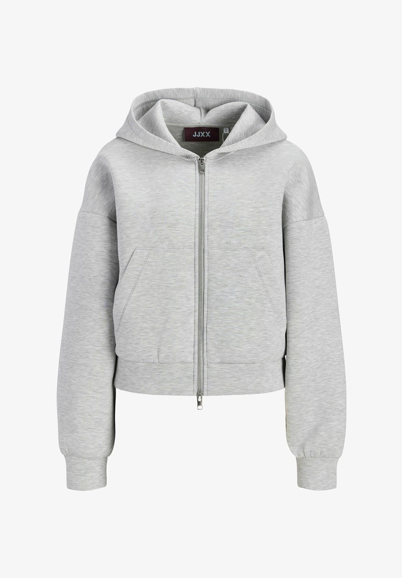 Sweat à capuche zippé gris clair avec capuche, manches longues, poches avant et poignets et ourlet côtelés, étiqueté JJXX à l'intérieur du col.