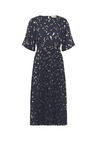 Abito plissettato blu navy con maniche corte a frivoletta, caratterizzato da una stampa a foglie d'oro. Il dettaglio in vita elasticizzato valorizza la forma e il design.