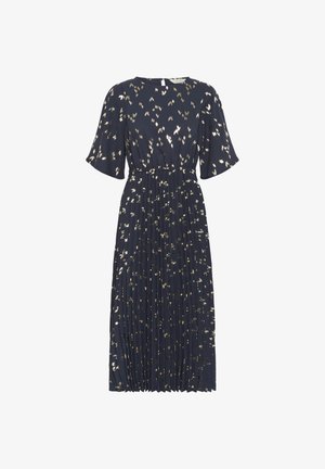 Navy blue pleated dress with short flutter sleeves, featuring gold leaf print. Elastic waist detail enhances shape and design.