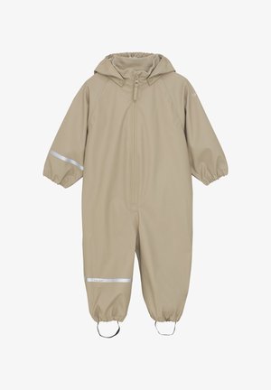 Beige wasserdichter Overall mit Kapuze, elastischen Bündchen und reflektierenden Akzenten. Hergestellt aus glattem Material mit einem Frontreißverschluss.