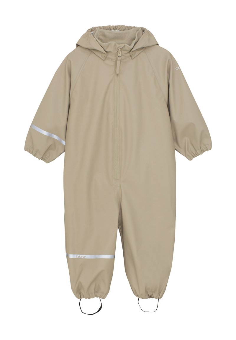 Beige waterdichte Overall met capuchon, elastische manchetten en reflecterende accenten. Gemaakt van glad materiaal met een ritssluiting aan de voorkant.