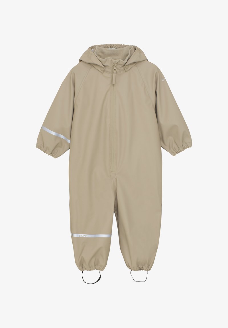 Beige waterdichte Overall met capuchon, elastische manchetten en reflecterende accenten. Gemaakt van glad materiaal met een ritssluiting aan de voorkant.