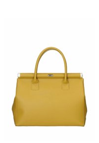 Gul läderhandväska med en strukturerad form, dubbla handtag och minimal silverdetalj. Texturerad yta och vikt toppaccent.