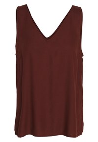 Top bez rękawów w kształcie litery V w ciemnym burgundzie, wykonany z miękkiego materiału. Posiada luźny krój z zaokrąglonym dolnym brzegiem i bez widocznych akcesoriów ani wzorów.