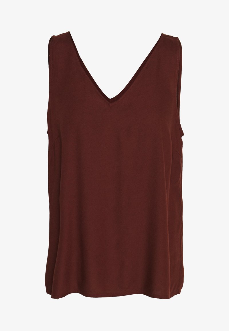 Top bez rękawów w kształcie litery V w ciemnym burgundzie, wykonany z miękkiego materiału. Posiada luźny krój z zaokrąglonym dolnym brzegiem i bez widocznych akcesoriów ani wzorów.