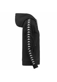 Felpa nera con zip sul davanti, caratterizzata da nastri con logo Kappa bianco a contrasto lungo le maniche e cappuccio regolabile con cordini. Tessuto morbido.