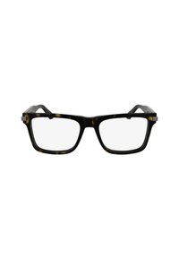 Montures de lunettes rectangulaires noires et en écaille de tortue avec des branches épaisses, dotées de verres transparents et d'une finition mate. Accents métalliques notables sur les côtés.