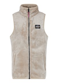 Beige Fleece-Weste mit hohem Kragen, durchgehendem Reißverschluss, seitlichen Taschen und einem Logo-Patch mit Berggrafik. Weicher Griff.
