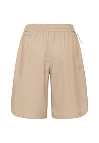 Beige Shorts mit elastischem Bund, entspannter Passform, leichtem Stoff und einem Kordelzug auf der rechten Seite zur verstellbaren Größenanpassung.