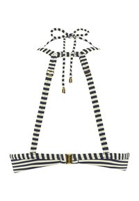 Haut de bikini rayé en bleu marine et crème, avec bretelles réglables, fermoir doré et détails nœud. Tissu doux au toucher.