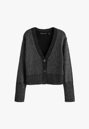 Must have a V-kaelus, pikkade varrukatega ja viie nööbiga must lühendatud kardigan, mis on valmistatud tekstureeritud kudumist, millel on säraefekt.