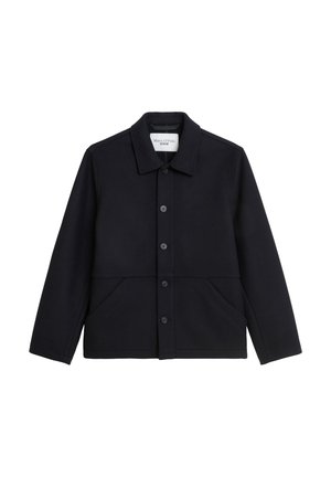 Navy blue jacket made of soft fabric, featuring a collared neckline, front buttons, and two large side pockets. Simple structured design.