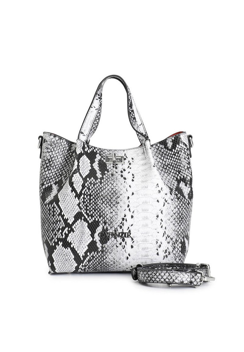 Borsa a tracolla con motivo python in bianco e nero, dotata di manici doppi e tracolla regolabile. Presenta un logo metallico e una finitura texturizzata.