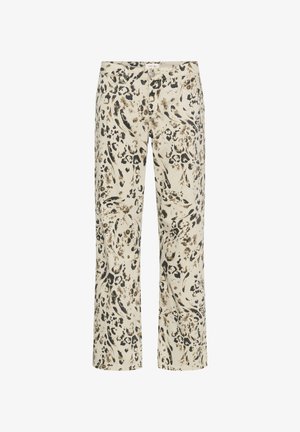 Kreminas auduma bikses ar beigu un melnu dzīvnieku rakstu. Taisna kāja ar parastajām kabatām un pogu aizdari.