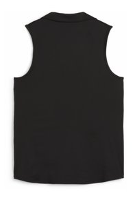 Top negro sin mangas con una textura suave, que presenta un cuello clásico y un dobladillo recto. Sin patrones ni herrajes visibles.