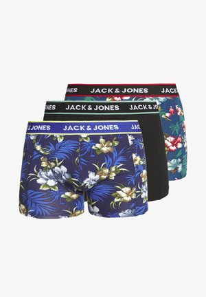 Tre par herrebokser: et med marineblå baggrund og hvidt blomstermønster, et i ensfarvet sort og et i teal med farverige blomstermønstre, alle med elastisk talje.