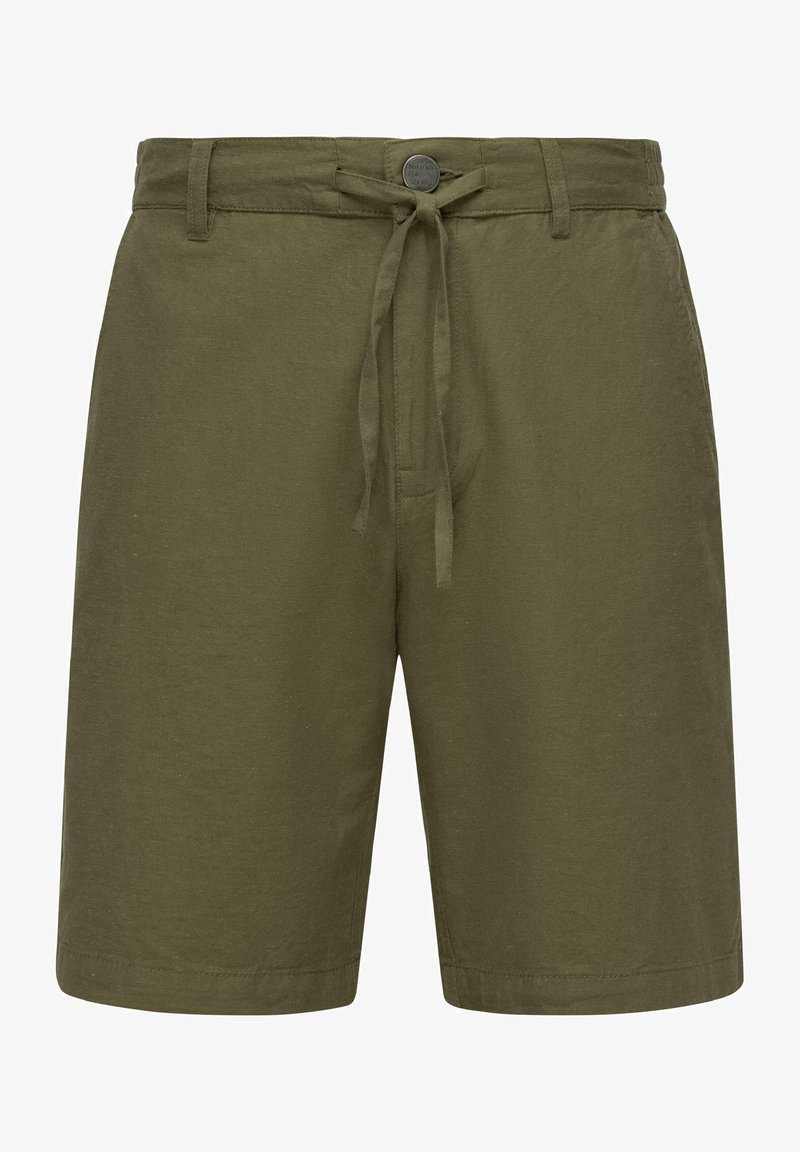 Olīvu zaļa šorti, kas izgatavoti no viegla auduma, ar pogu aizdari, regulējamu auklu vidukli un taisnu kāju griezumu.