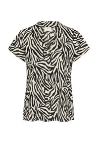 Black and cream zebra-striped short-sleeve shirt with a V-neck, featuring a relaxed fit and soft fabric texture. Brand label visible inside.