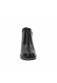 Bottine en cuir noir avec une finition lisse, bout rond et détail de fermeture éclair sur le côté. Semelle en caoutchouc robuste pour traction et soutien.