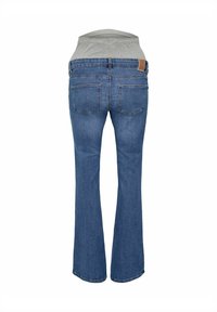 Jean de maternité bleu avec poches arrière et ceinture élastique grise, vu de dos sur fond blanc.