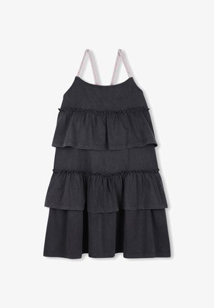 Donkergrijze gelaagde jurk met geplooide lagen. Heeft dunne, gevlochten bandjes met een roze-wit patroon. Gemaakt van zachte, gestructureerde stof.