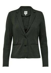 Blazer ajusté vert foncé à manches longues, col à revers cranté, deux poches avant et fermeture à un bouton. Tissu lisse et structuré.