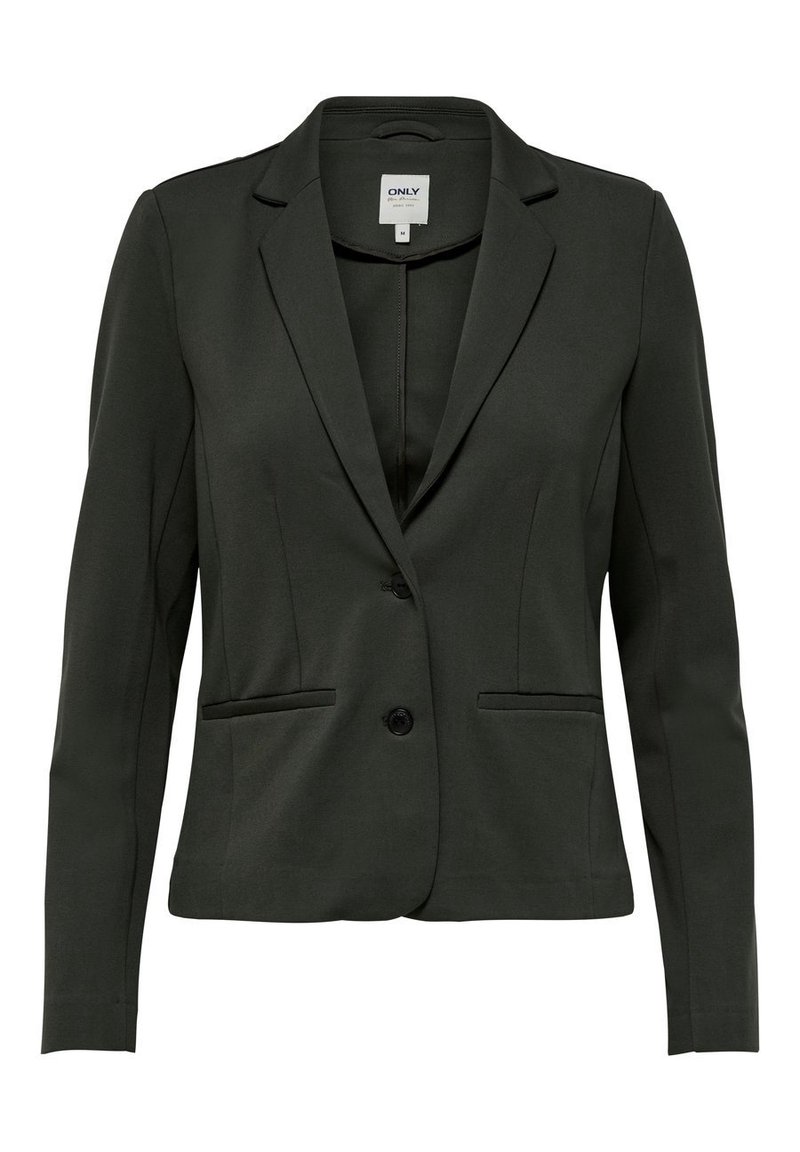 Blazer ajusté vert foncé à manches longues, col à revers cranté, deux poches avant et fermeture à un bouton. Tissu lisse et structuré.