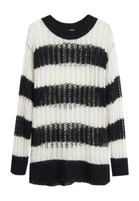 Maglione lavorato a maglia con strisce orizzontali alternate nere e bianche, trama a maglia larga, polsini a coste e scollo rotondo.