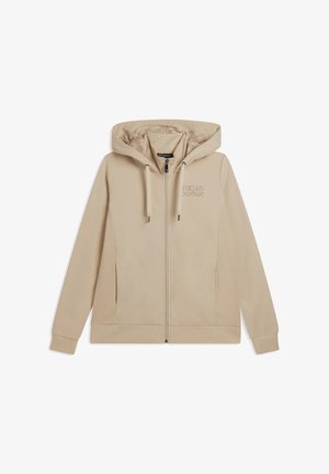 Felpa con cappuccio beige con zip, cappuccio con coulisse, tasche frontali e logo del marchio discreto sul lato sinistro del petto, distesa su uno sfondo bianco.