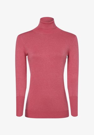 Pull à col roulé rose en maille côtelée. Coupe ajustée avec manches longues et col montant. Texture lisse.