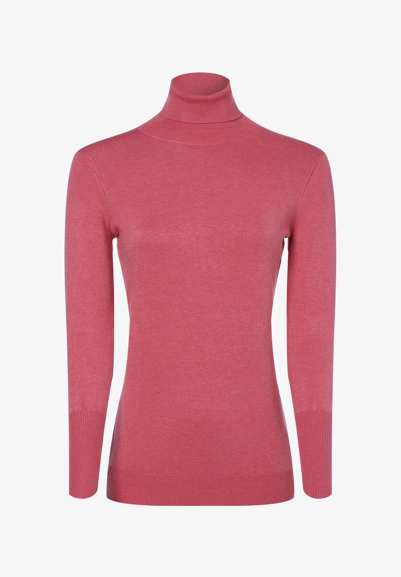 Pull à col roulé rose en maille côtelée. Coupe ajustée avec manches longues et col montant. Texture lisse.