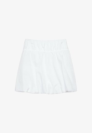 Jupe à taille élastique blanche avec un design froncé et un ourlet légèrement bouffant, isolée sur fond blanc.