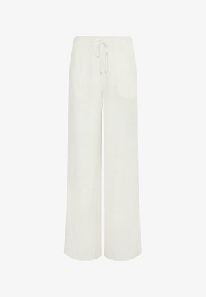 Hvide bukser med vide ben, elastisk talje og snøre, vist mod en ensfarvet hvid baggrund.