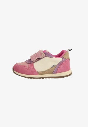 Pink and beige children's sneaker with suede and fabric upper, velcro strap, and rubber sole. Features purple and tan accents on the sides.