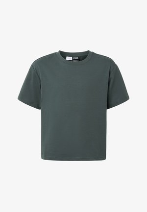 T-shirt vert foncé à manches courtes avec col rond, coupe régulière et ourlet droit, présenté sur un fond blanc.