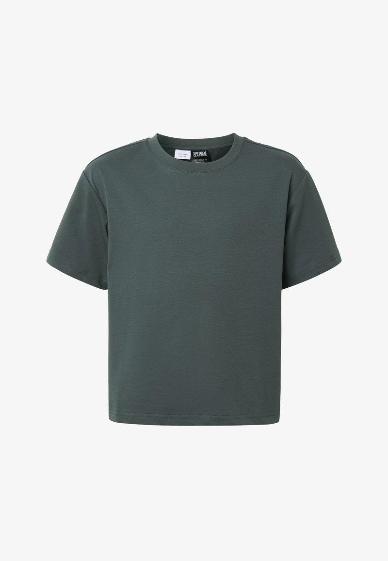 T-shirt vert foncé à manches courtes avec col rond, coupe régulière et ourlet droit, présenté sur un fond blanc.