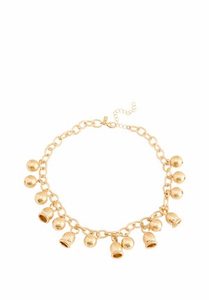 Gold metal necklace featuring a chain design with round beads and bell-shaped accents, showcasing a shiny finish and textured details.