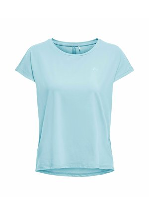 Lichtblauw dames T-shirt met korte mouwen en ronde hals, met een licht gebogen zoom op een witte achtergrond.