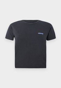 Black cotton t-shirt with short sleeves, crew neck, featuring a blue "obey" logo on the left chest. Smooth texture, standard fit.